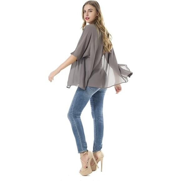 Light Short Sleeve Chiffon Cardigan Gray Large - Picture 3 of 6